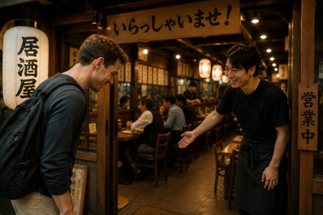 Foreign visitor giving a small bow while entering a Japanese izakaya restaurant
