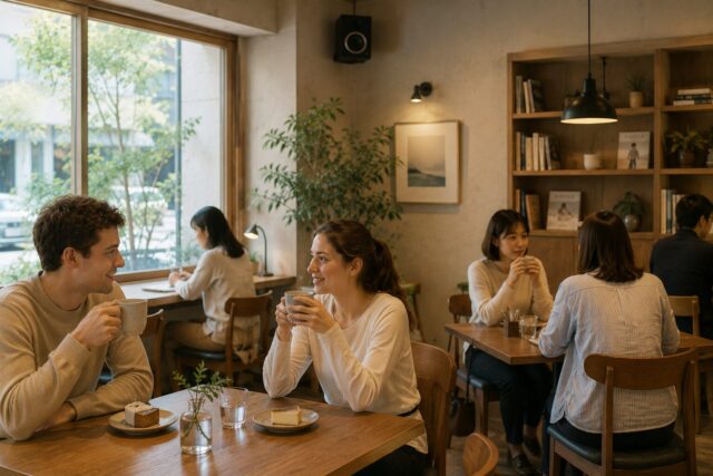 Customers enjoying quiet conversation in a Japanese café where background music supports the atmosphere without dominating the space