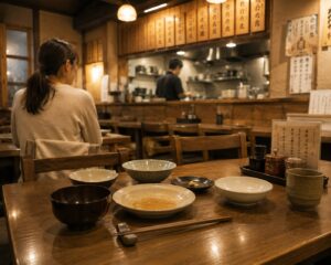 Finished dishes left neatly on a restaurant table after a Japanese meal