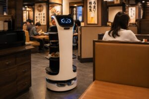 Food delivery robot moving through a izakaya
