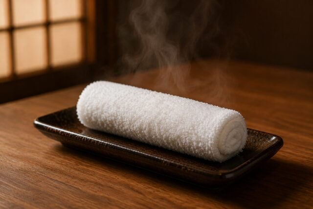Hot oshibori towel with steam on a plate