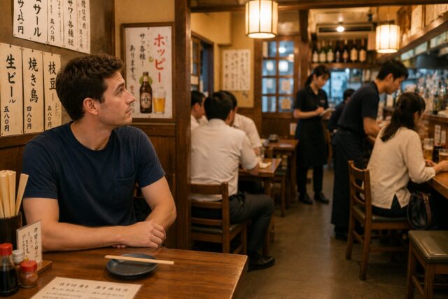 Foreign customer waiting quietly for eye contact from restaurant staff inside a Japanese izakaya