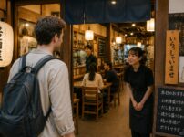 Japanese restaurant staff welcoming a customer with “Irasshaimase” at the entrance of a traditional izakaya