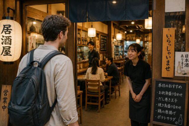 Japanese restaurant staff welcoming a customer with “Irasshaimase” at the entrance of a traditional izakaya