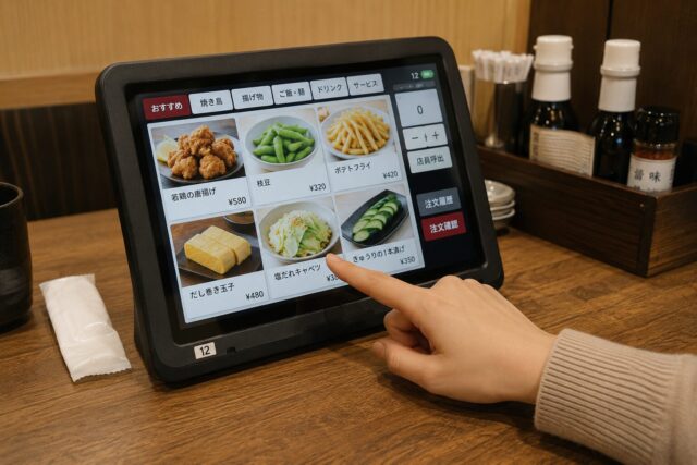 Customer using a tablet ordering system at a Japanese restaurant table