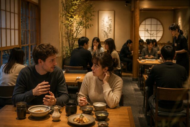 Customers speaking quietly in a busy Japanese restaurant while sharing the atmosphere respectfully