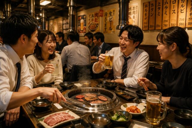 Group of friends enjoying lively conversation and yakiniku barbecue in a busy Japanese restaurant filled with smoke and warm lighting