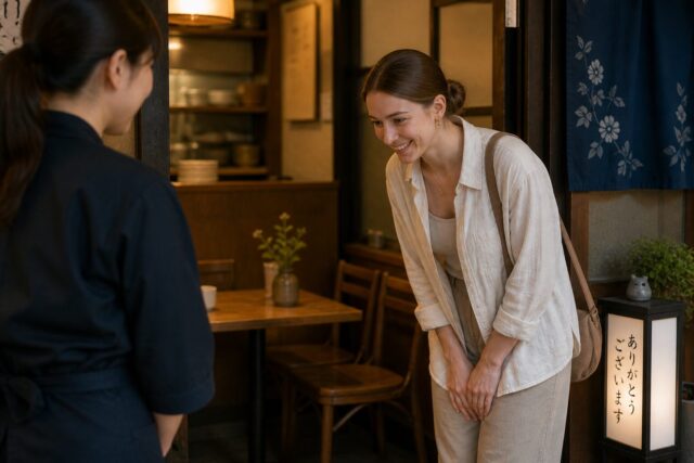 Customer bowing to restaurant staff in Japan