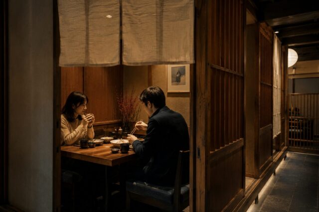 Semi-private seating area in a Japanese restaurant with wooden dividers and soft lighting creating a calm dining atmosphere