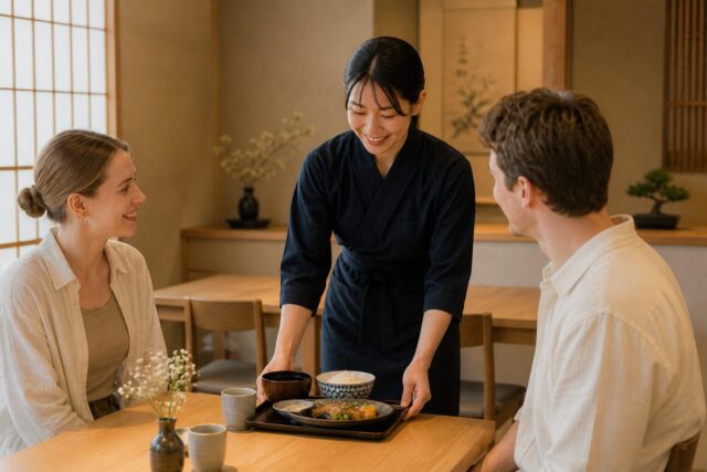 Restaurant staff serving a meal to customers in Japan