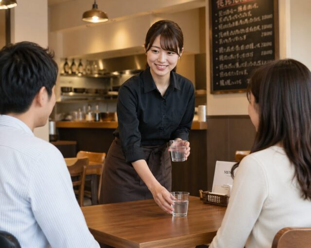 Japanese restaurant staff quietly serving water to customers as part of Japan’s attentive hospitality culture