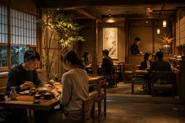 Quiet Japanese restaurant interior with customers calmly enjoying meals in a warm and peaceful atmosphere