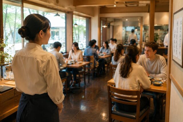 Japanese restaurant staff quietly observing the dining room while customers enjoy their meals, illustrating the attentive but low-interruption service style common in Japan