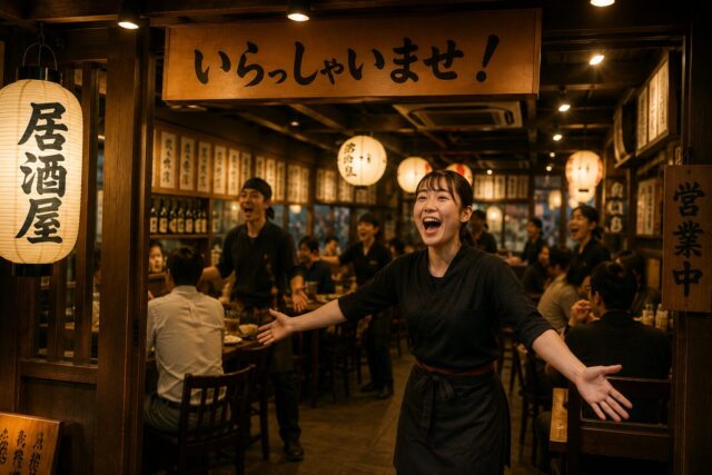 Energetic izakaya staff loudly shouting Irasshaimase inside a lively Japanese pub