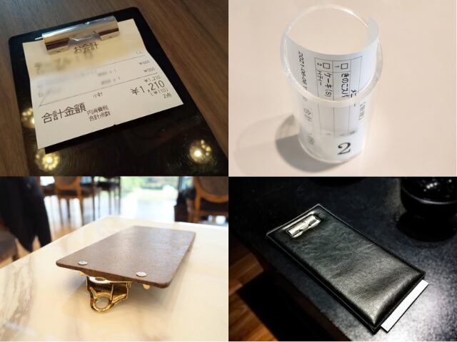 Restaurant bill and table number cup left on a table in a Japanese restaurant