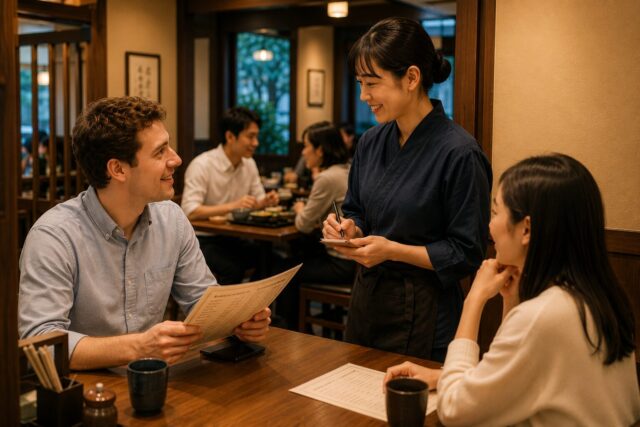 Foreign visitor speaking with a friendly Japanese restaurant staff member, illustrating that the calm atmosphere in many restaurants is not directed personally at customers