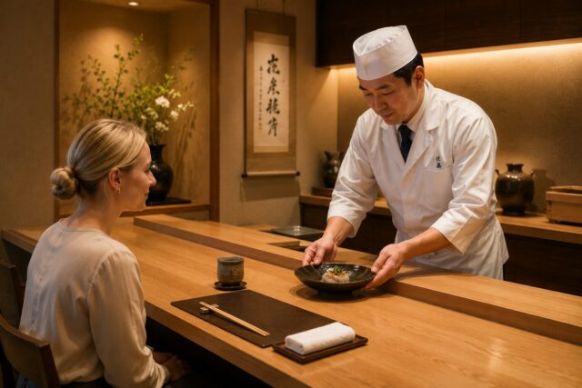 Chef serving food directly to a customer at a quiet upscale sushi restaurant in Japan