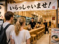 Foreign tourists entering a bright modern Japanese ramen shop as staff loudly greet them with “Irasshaimase!”