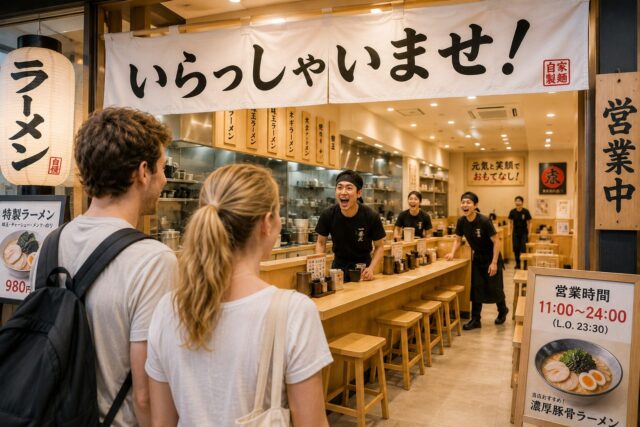 Foreign tourists entering a bright modern Japanese ramen shop as staff loudly greet them with “Irasshaimase!”
