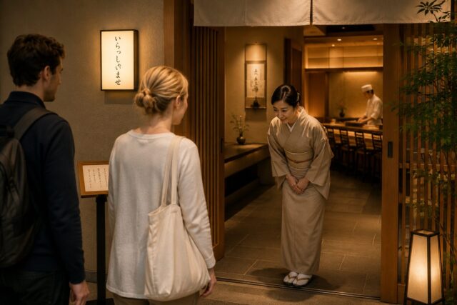 Foreign visitors entering a quiet high-end Japanese restaurant while a kimono-clad hostess greets them with a subtle bow at the entrance