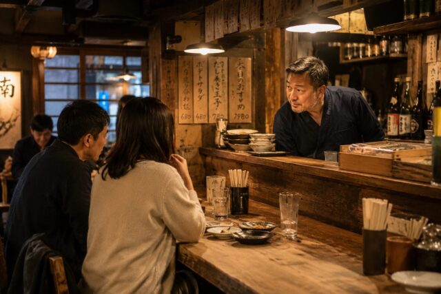 Owner of a traditional Japanese izakaya watching customers carefully from behind the counter