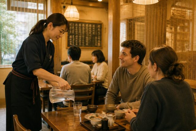 Japanese restaurant staff quietly refilling water without interrupting customers during their meal