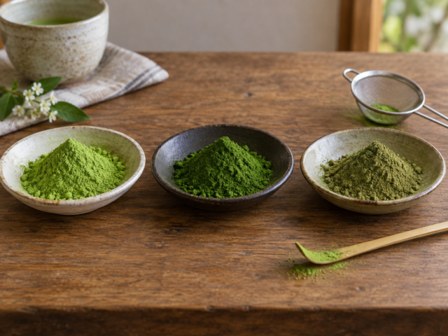 Three different matcha powders arranged in small dishes for dessert use