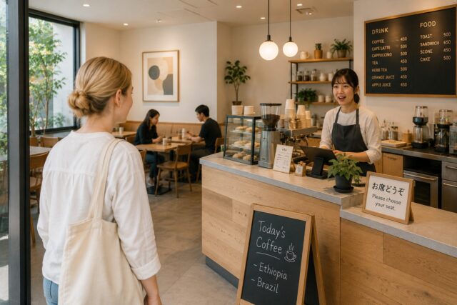Blonde foreign customer entering a calm Japanese café while a barista greets her from behind the counter