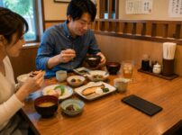 Japanese couple eating in a calm restaurant while the bill holder rests quietly on the table