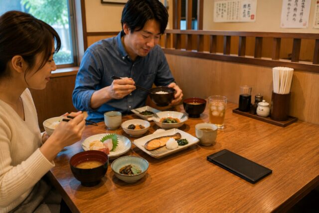 Japanese couple eating in a calm restaurant while the bill holder rests quietly on the table