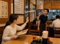 Foreign customer raising a hand and saying “Sumimasen” to get the attention of staff inside a quiet Japanese restaurant