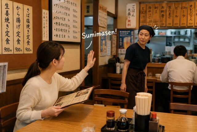 Foreign customer raising a hand and saying “Sumimasen” to get the attention of staff inside a quiet Japanese restaurant