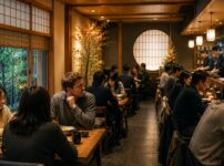 Busy Japanese restaurant with many customers dining quietly in a warm and relaxed atmosphere despite the restaurant being nearly full