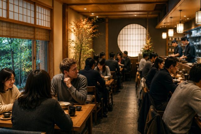 Busy Japanese restaurant with many customers dining quietly in a warm and relaxed atmosphere despite the restaurant being nearly full