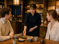 Restaurant staff serving food to customers in Japan