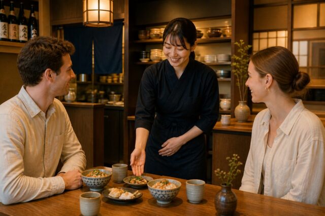 Japanese restaurant staff politely serving food to foreign diners in a calm dining atmosphere