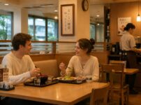 Foreign couple quietly enjoying a meal in a calm Japanese family restaurant while staff keep a respectful distance