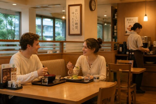 Foreign couple quietly enjoying a meal in a calm Japanese family restaurant while staff keep a respectful distance