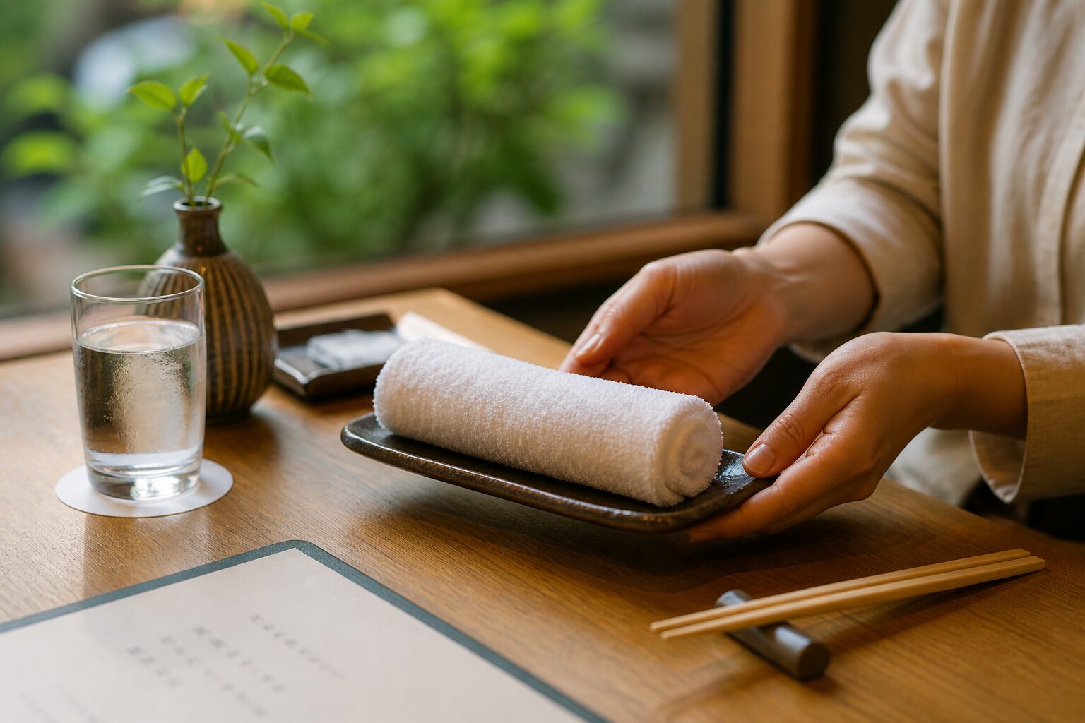 Restaurant staff placing an oshibori towel on a tray at a Japanese table