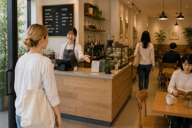 Foreign visitor hesitating slightly at the entrance of a Japanese café while other customers casually take their seats