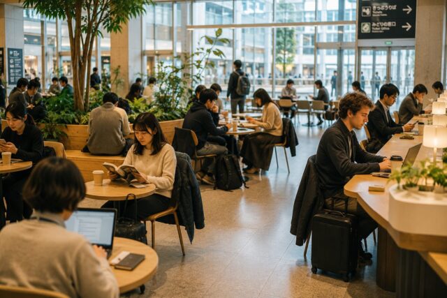 People sharing a public lounge space in Japan while reading, working, and relaxing quietly, illustrating the broader social preference for comfortable shared environments