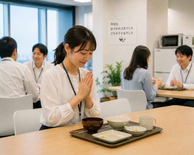 Office worker quietly saying “Gochisousama” after lunch in a workplace cafeteria