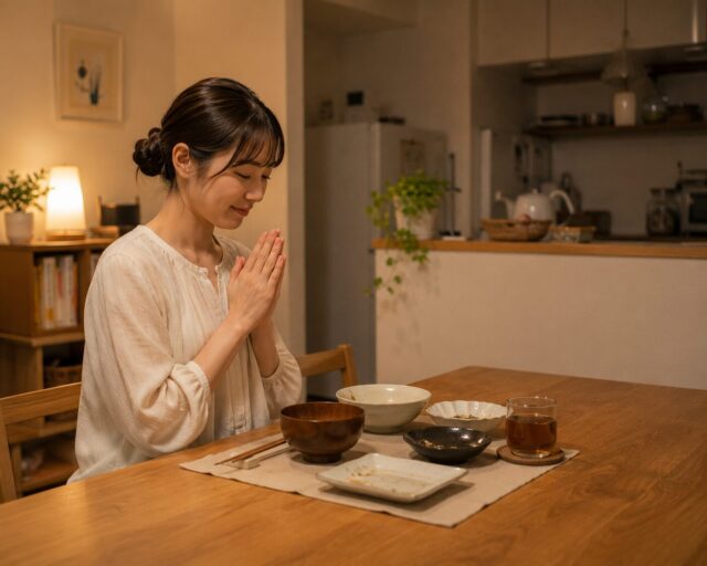 Japanese woman placing her hands together after finishing a meal at home