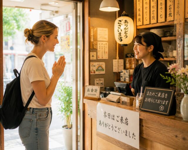 Foreign visitor politely thanking restaurant staff while leaving a Japanese restaurant