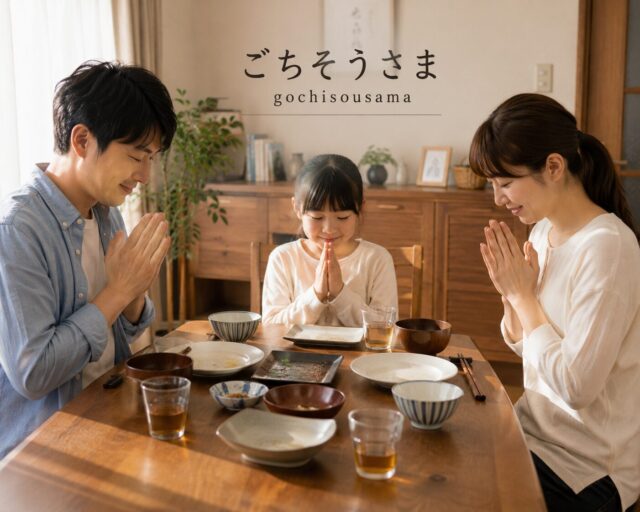 Japanese family placing their hands together and saying “Gochisousama” after finishing a meal at home