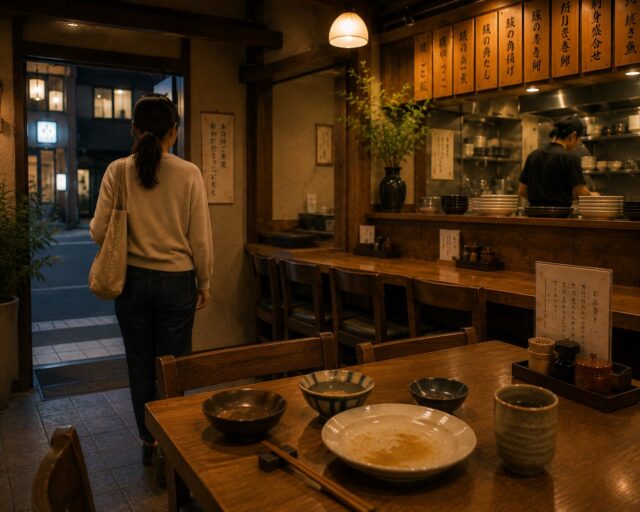 Customer quietly leaving a small Japanese restaurant after finishing a meal