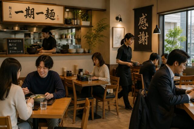 Customers quietly enjoying their meals inside a modern Japanese ramen restaurant while staff continue working naturally in the background