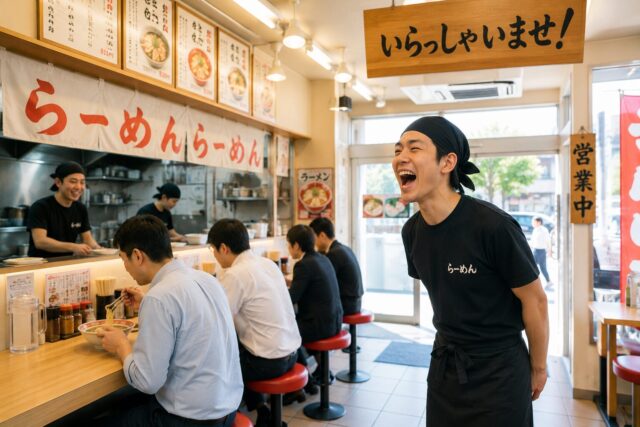 Ramen shop staff loudly greeting customers with Irasshaimase in a bright Japanese noodle restaurant