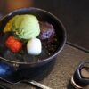Japanese matcha dessert with matcha ice cream, azuki, shiratama, fruit, and agar jelly