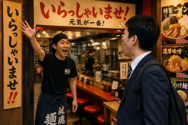 Japanese office worker reacting slightly to an extremely energetic “Irasshaimase!” greeting at a lively ramen shop entrance